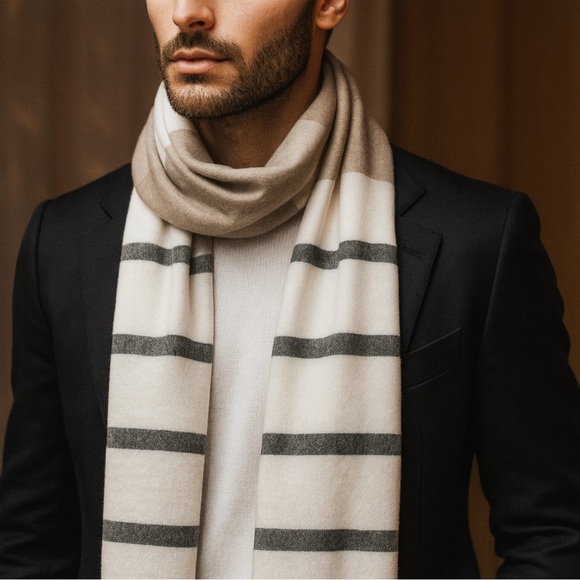 Express Other - Express Men’s Elegant Striped Acrylic Scarf in Cream and Gray with Fringe